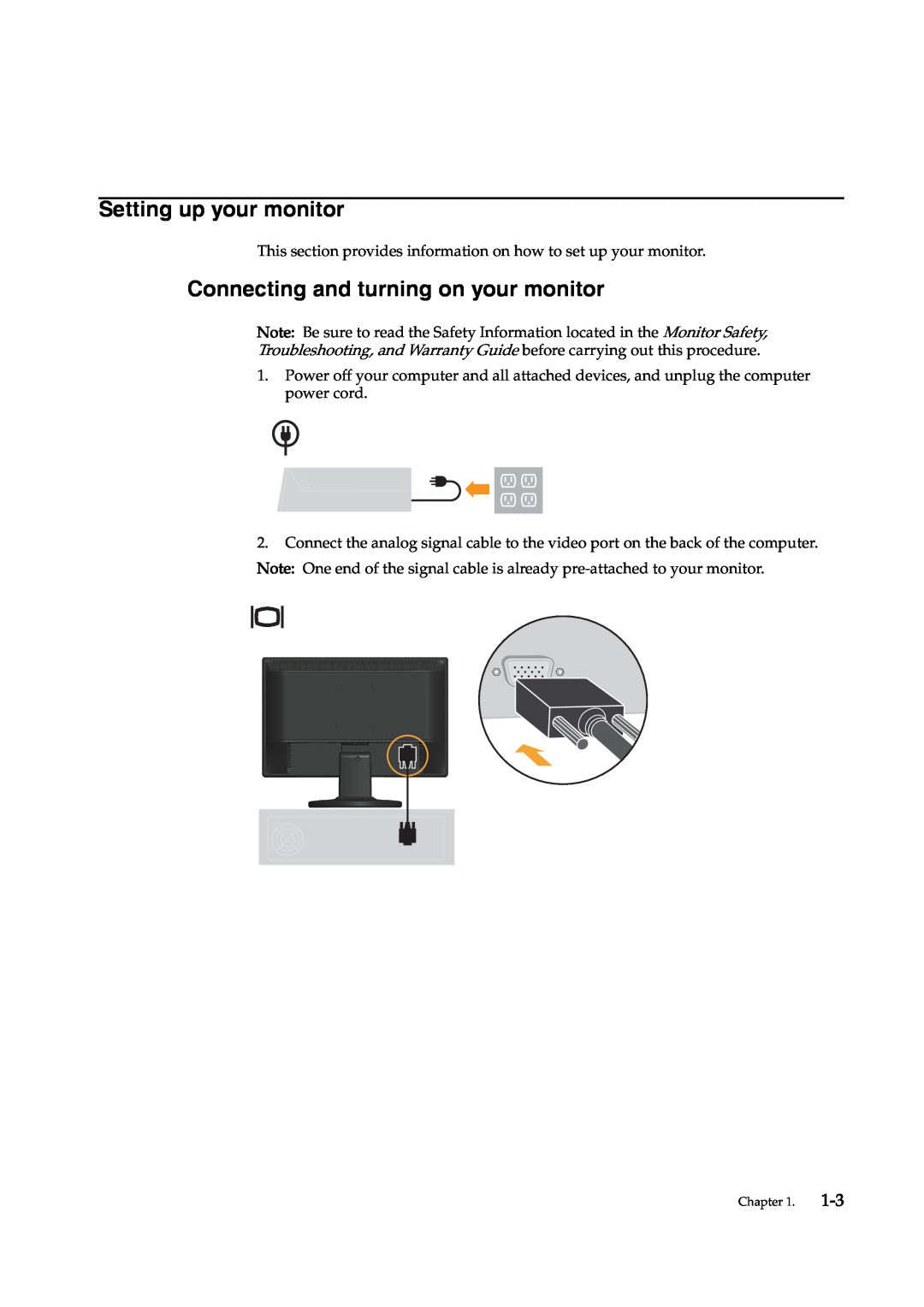 Lenovo 4415-AB1 manual Setting up your monitor, Connecting and turning on your monitor 