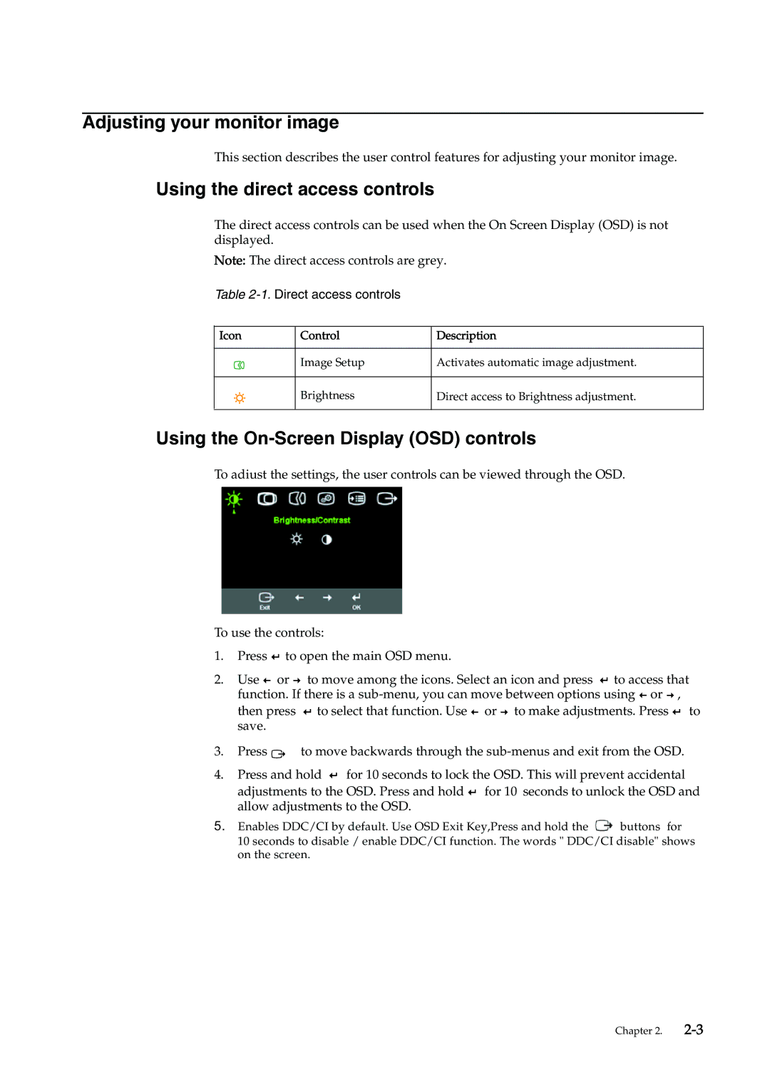 Lenovo 4415-AB1 Adjusting your monitor image, Using the direct access controls, Using the On-Screen Display OSD controls 