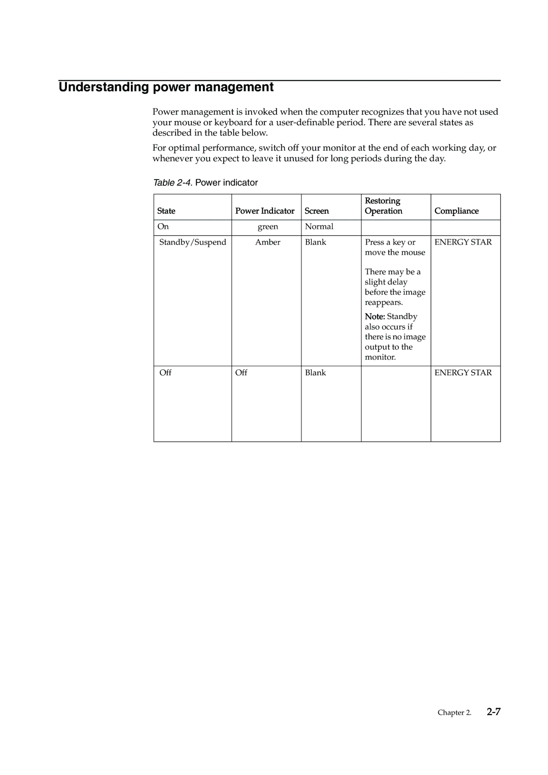 Lenovo 4415-AB1 manual Understanding power management, Restoring State Power Indicator Screen Operation Compliance 