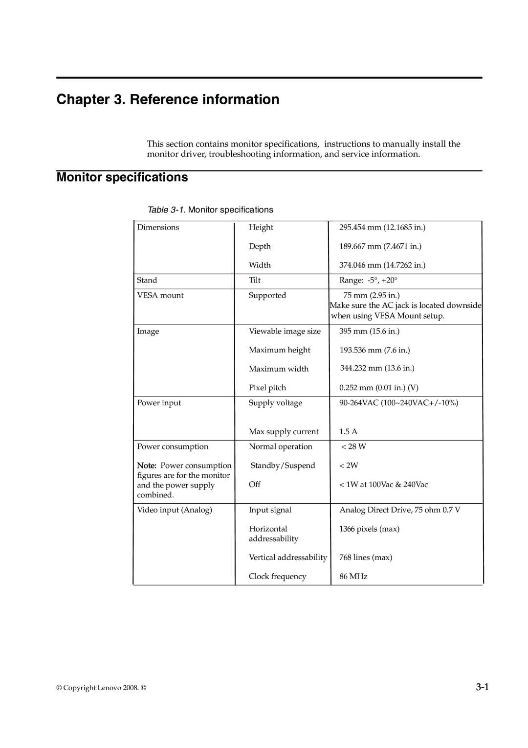 Lenovo 4415-AB1 manual Reference information, Monitor specifications 