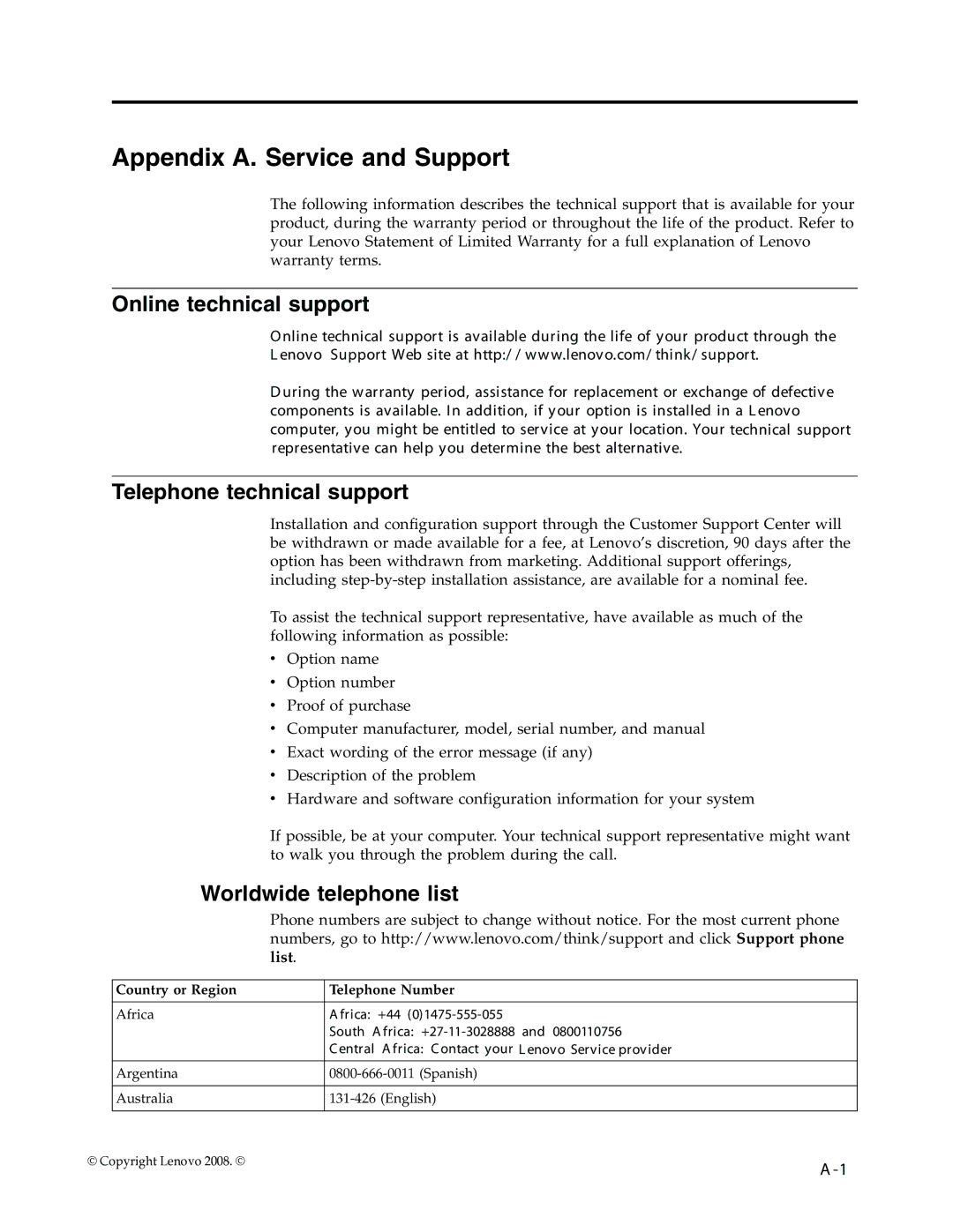 Lenovo 4415-AB1 manual Appendix A. Service and Support, Online technical support, Telephone technical support 