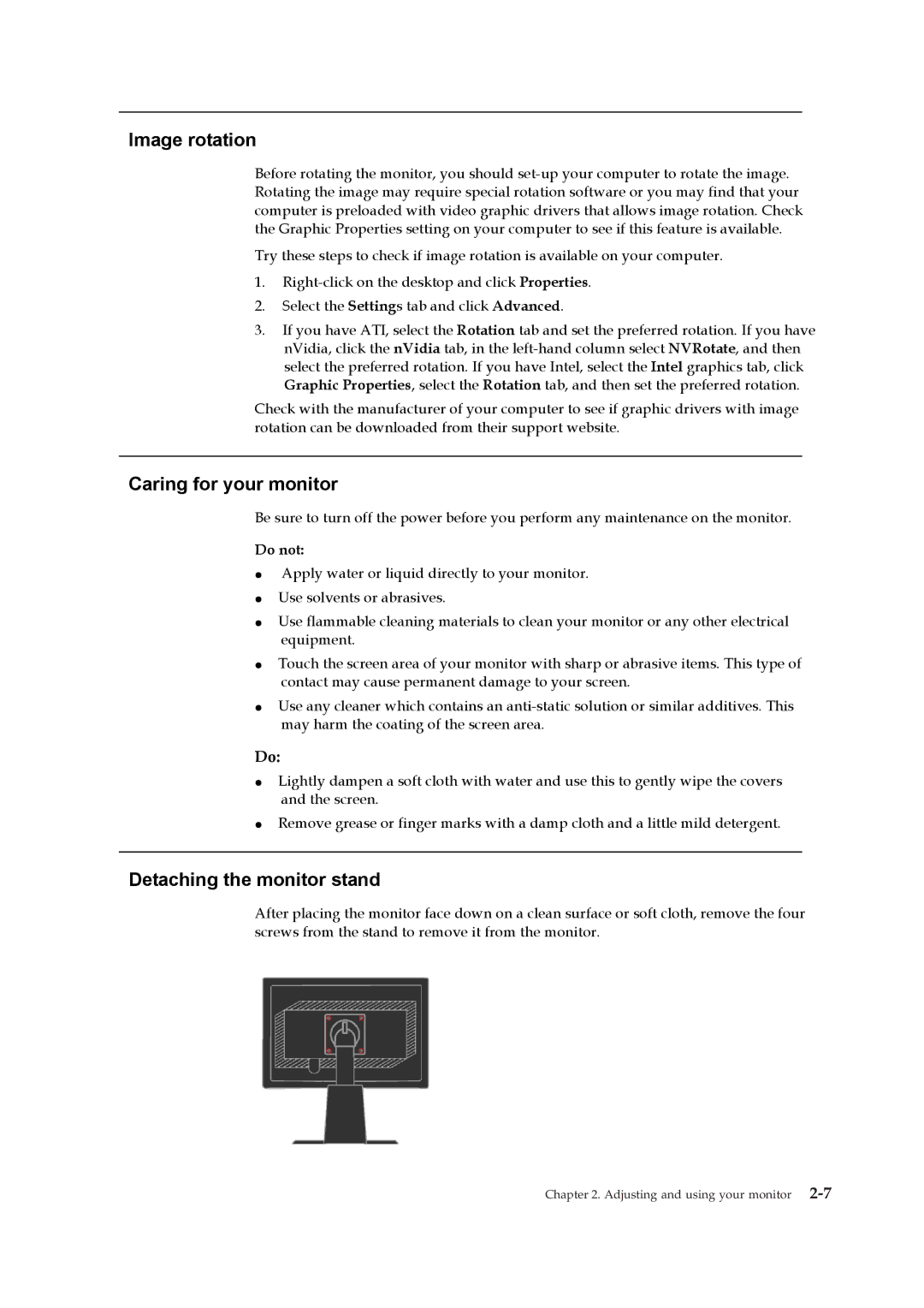 Lenovo 4424-HB6 manual Image rotation, Caring for your monitor, Detaching the monitor stand 