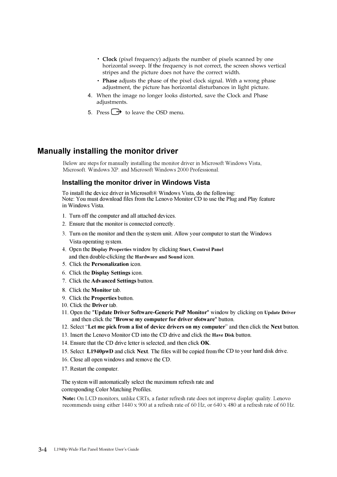 Lenovo 4424-HB6 manual Manually installing the monitor driver, Installing the monitor driver in Windows Vista 