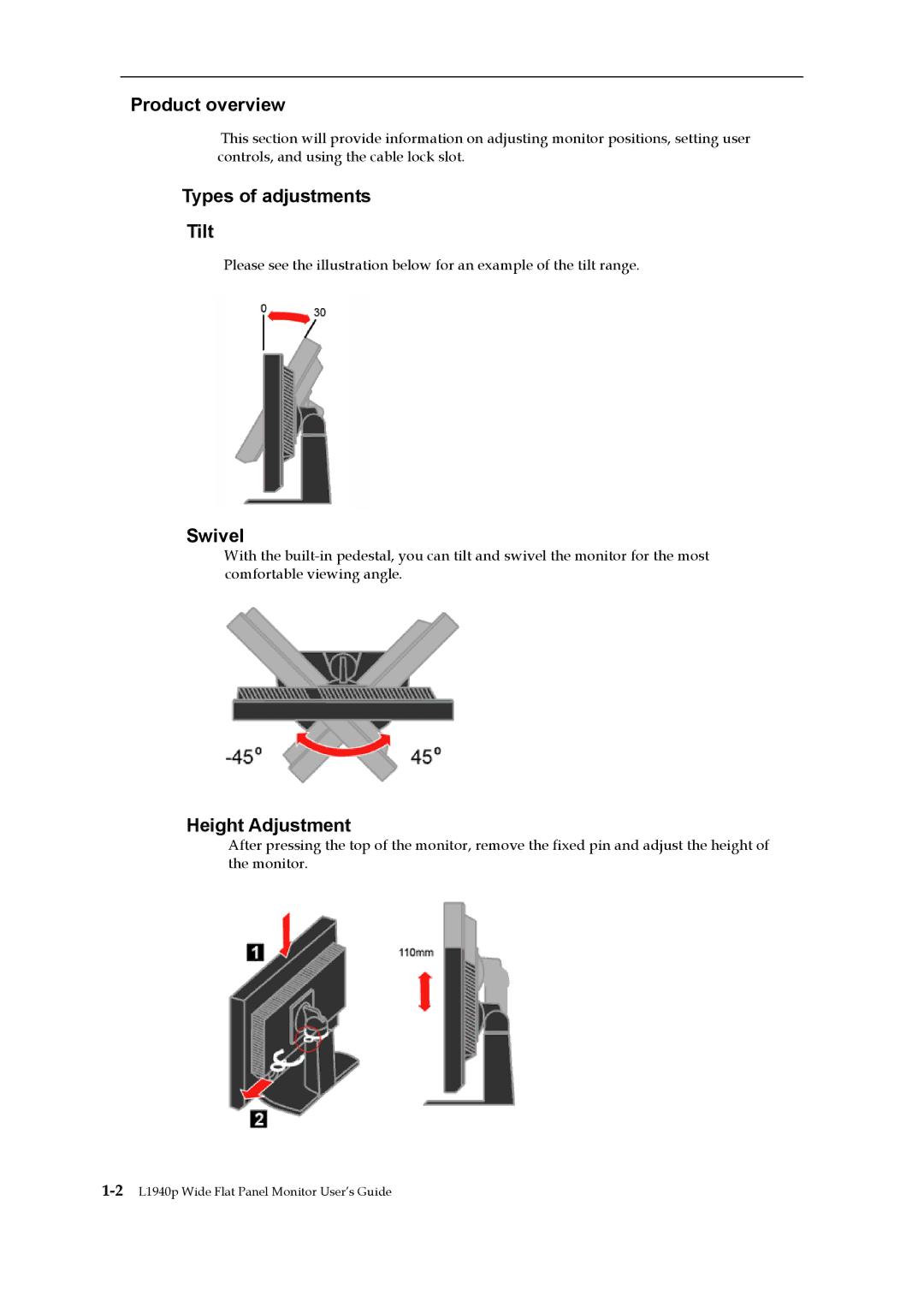 Lenovo 4424-HB6 manual Product overview, Types of adjustments Tilt, Swivel, Height Adjustment 