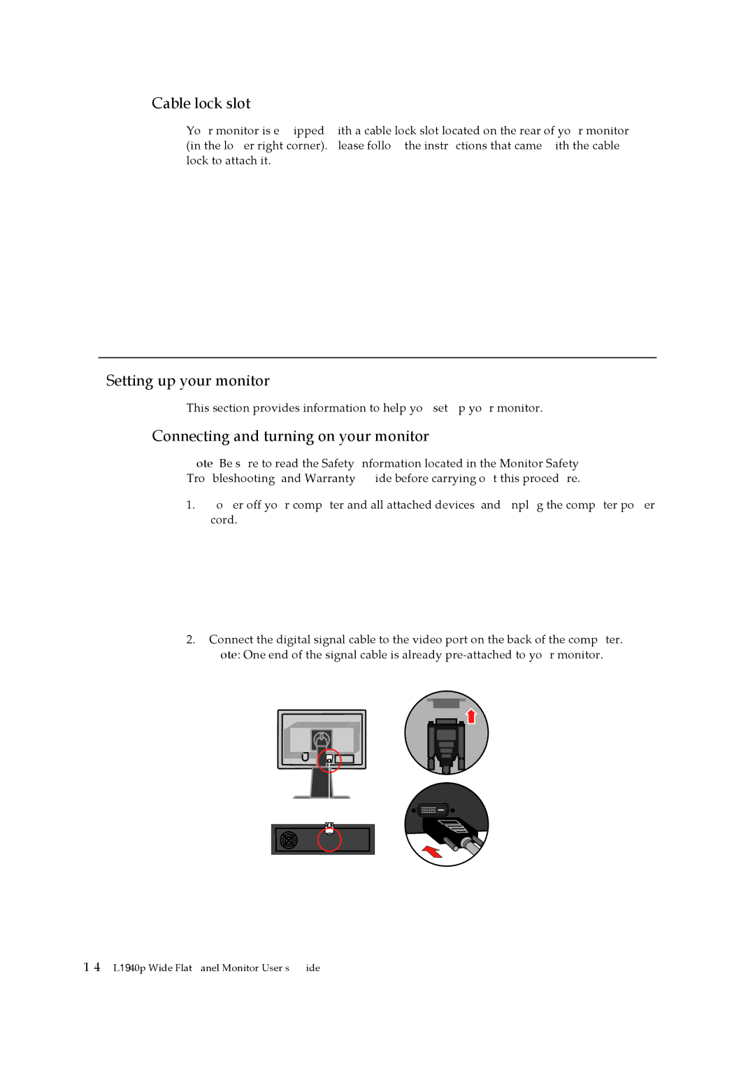 Lenovo 4424-HB6 manual Cable lock slot, Setting up your monitor, Connecting and turning on your monitor 