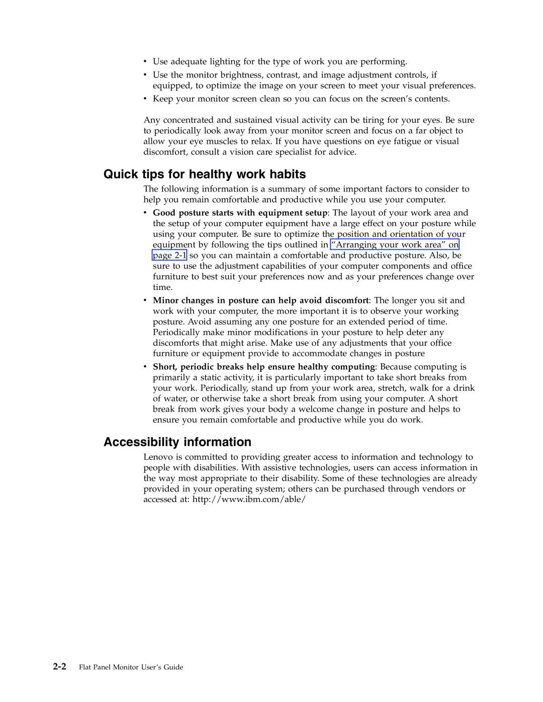 Lenovo 4428-AB1 manual Quick tips for healthy work habits, Accessibility information 