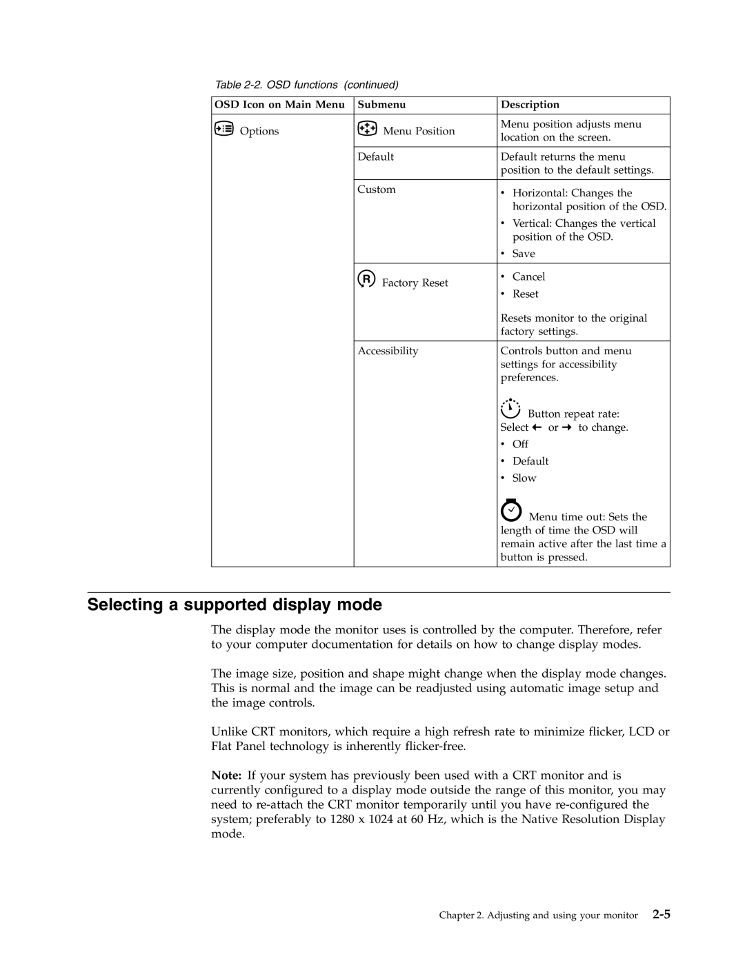 Lenovo 4428-AB1 manual Selecting a supported display mode, 2. OSD functions continued 