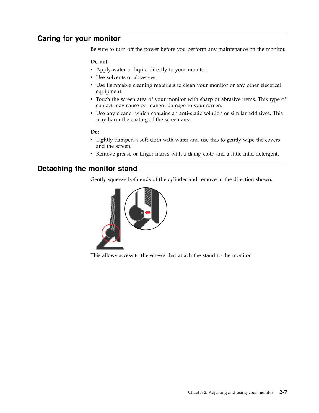 Lenovo 4428-AB1 manual Caring for your monitor, Detaching the monitor stand, Do not 