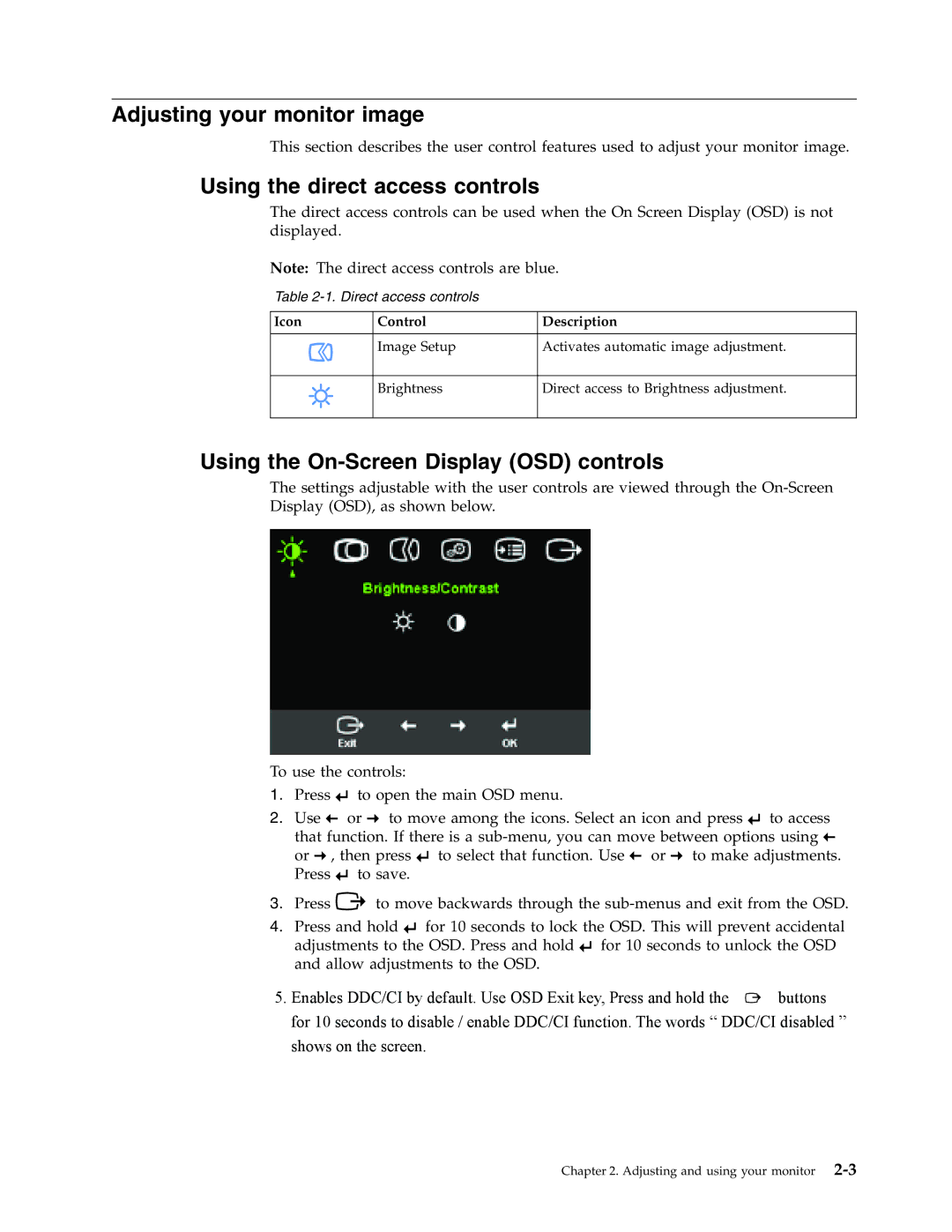 Lenovo 4428-AB1 Adjusting your monitor image, Using the direct access controls, Using the On-Screen Display OSD controls 