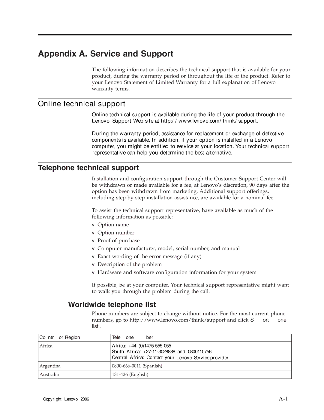 Lenovo 4428-AB1 manual Appendix A. Service and Support, Online technical support, Telephone technical support 