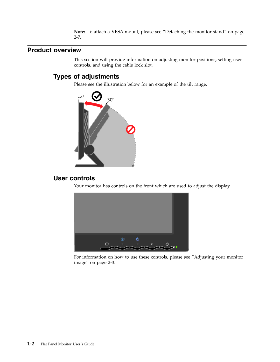 Lenovo 4428-AB1 manual Product overview, Types of adjustments, User controls 