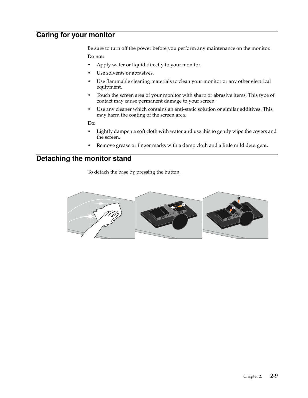 Lenovo 4432-HF1 manual Caring for your monitor, Detaching the monitor stand, Do not 