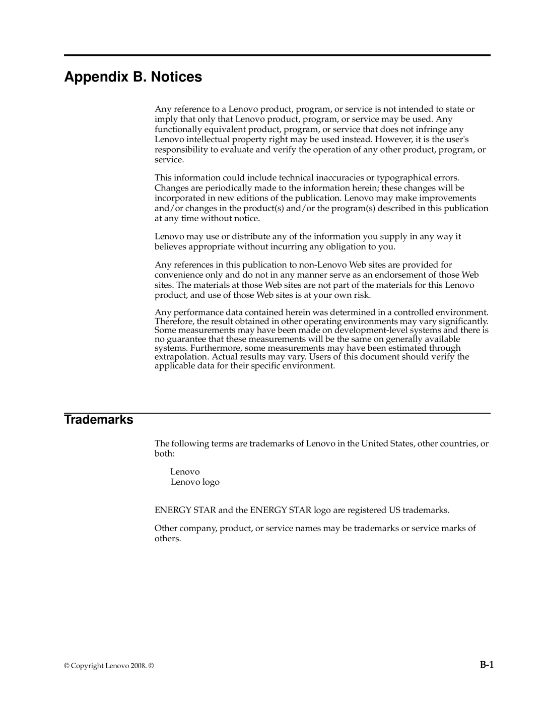 Lenovo 4432-HF1 manual Appendix B. Notices, Trademarks 