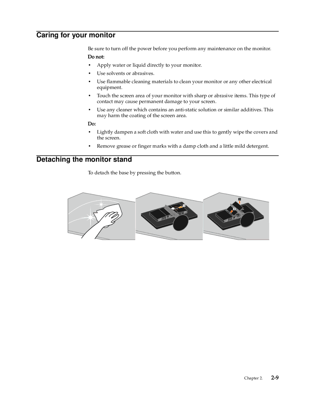 Lenovo 4432-HF1 manual Caring for your monitor, Detaching the monitor stand 