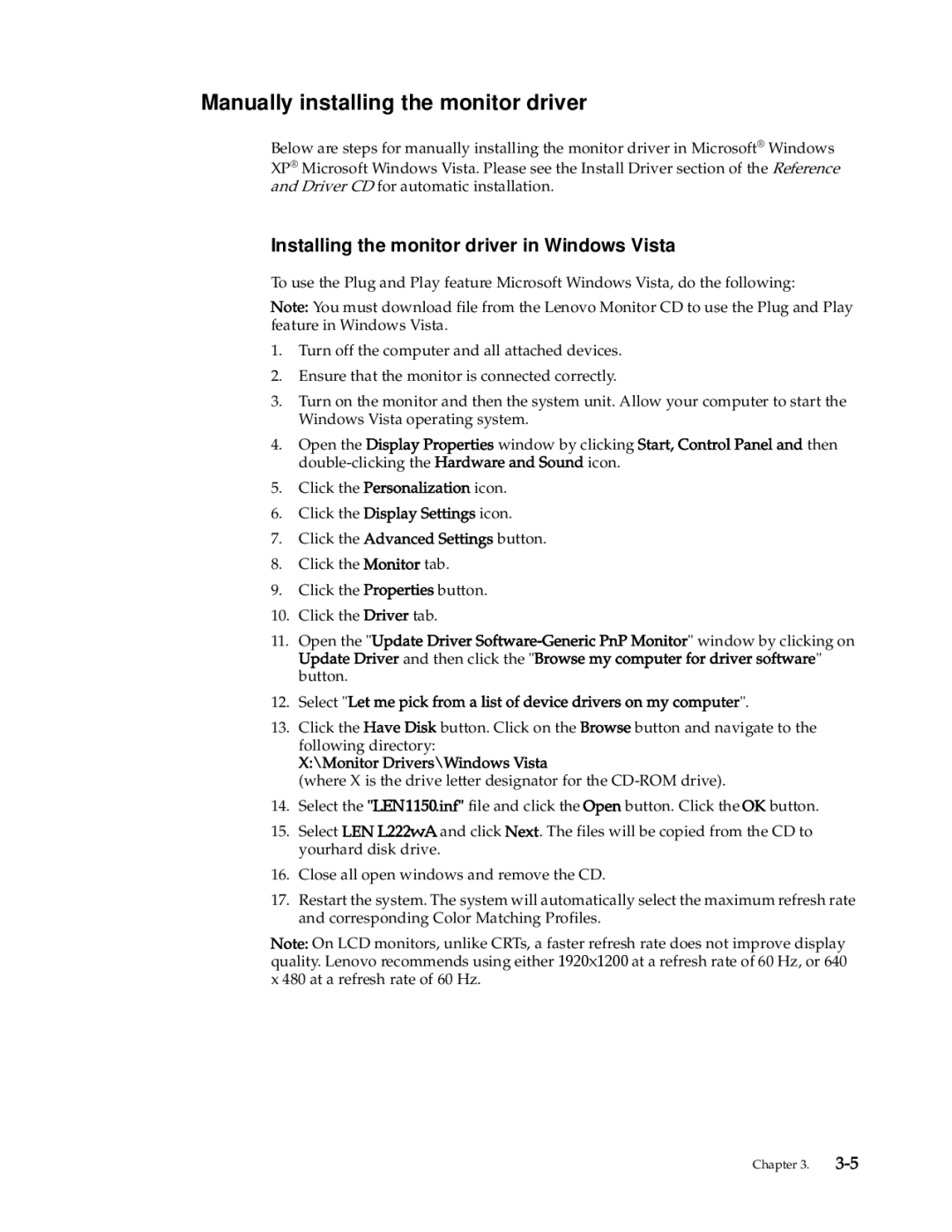 Lenovo 4432-HF1 manual Manually installing the monitor driver, Installing the monitor driver in Windows Vista 