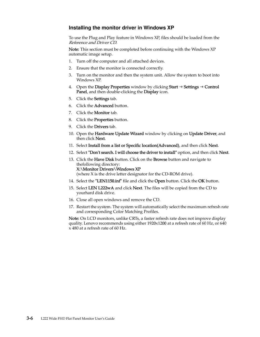 Lenovo 4432-HF1 manual Installing the monitor driver in Windows XP 