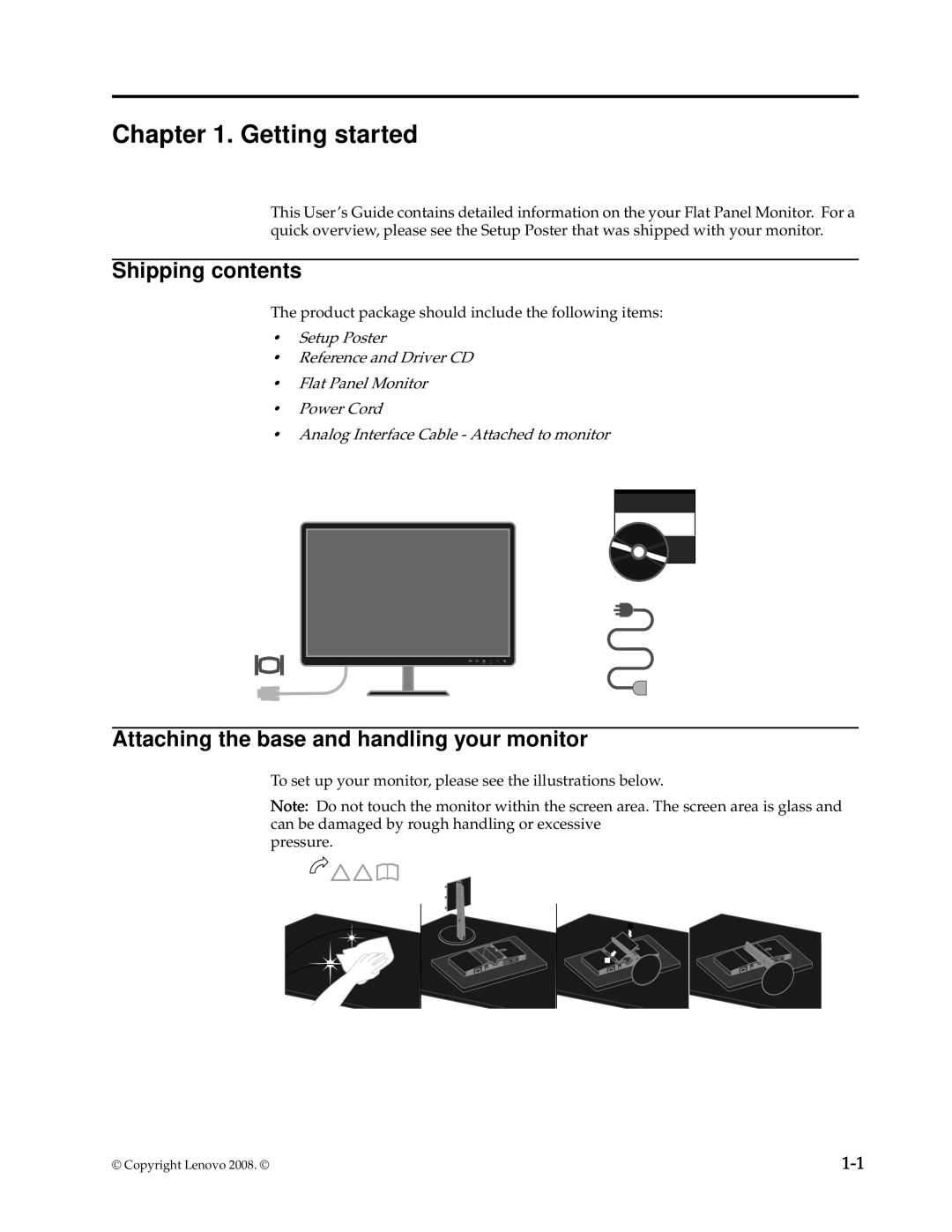 Lenovo 4432-HF1 manual Getting started, Shipping contents, Attaching the base and handling your monitor 