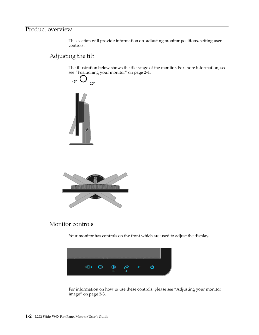 Lenovo 4432-HF1 manual Product overview, Adjusting the tilt, Monitor controls 