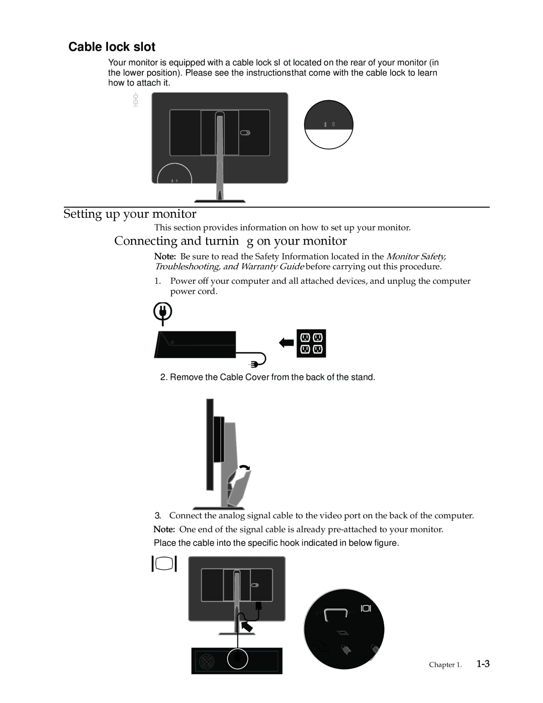 Lenovo 4432-HF1 manual Cable lock slot, Setting up your monitor, Connecting and turning on your monitor 