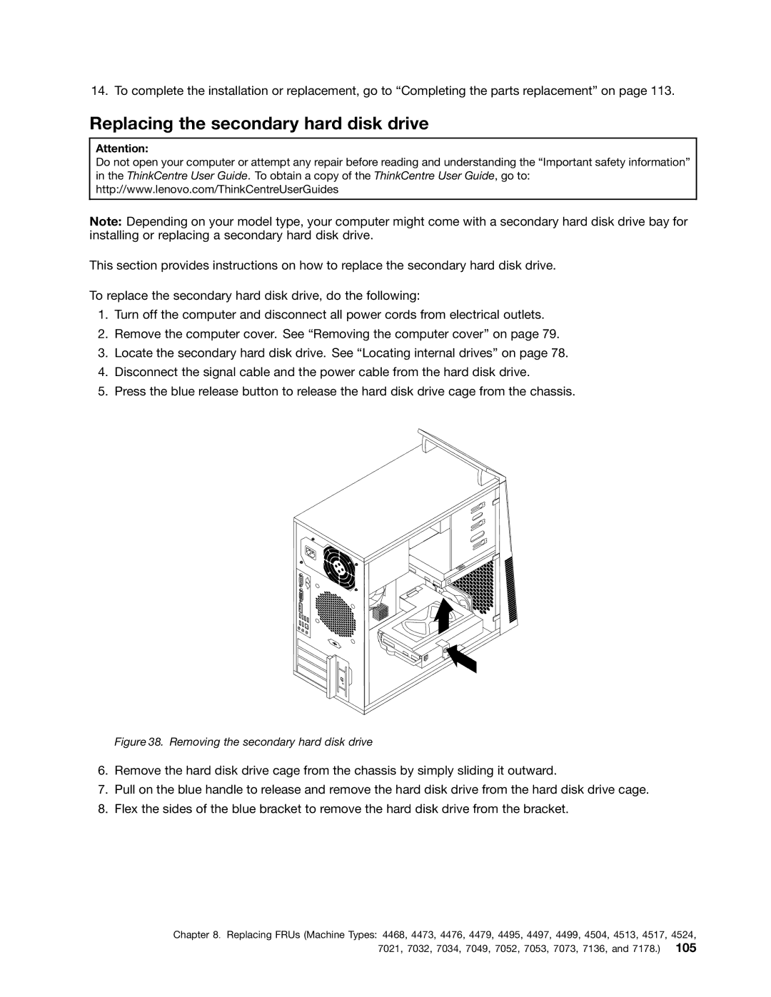 Lenovo 4497, 4471, 4466, 4498, 4480, 4485, 4474 Replacing the secondary hard disk drive, Removing the secondary hard disk drive 