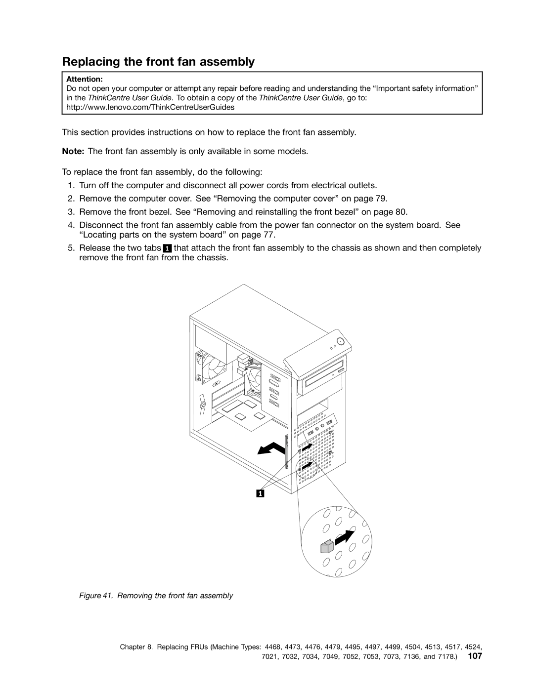 Lenovo 4495, 4471, 4466, 4498, 4480, 4485, 4474, 4496, 4477 Replacing the front fan assembly, Removing the front fan assembly 