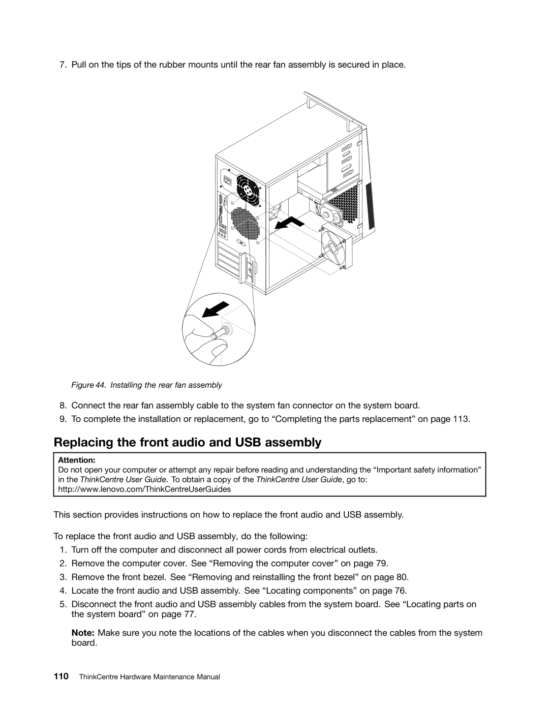 Lenovo 4468, 4471, 4466, 4498, 4480, 4485, 4474 Replacing the front audio and USB assembly, Installing the rear fan assembly 