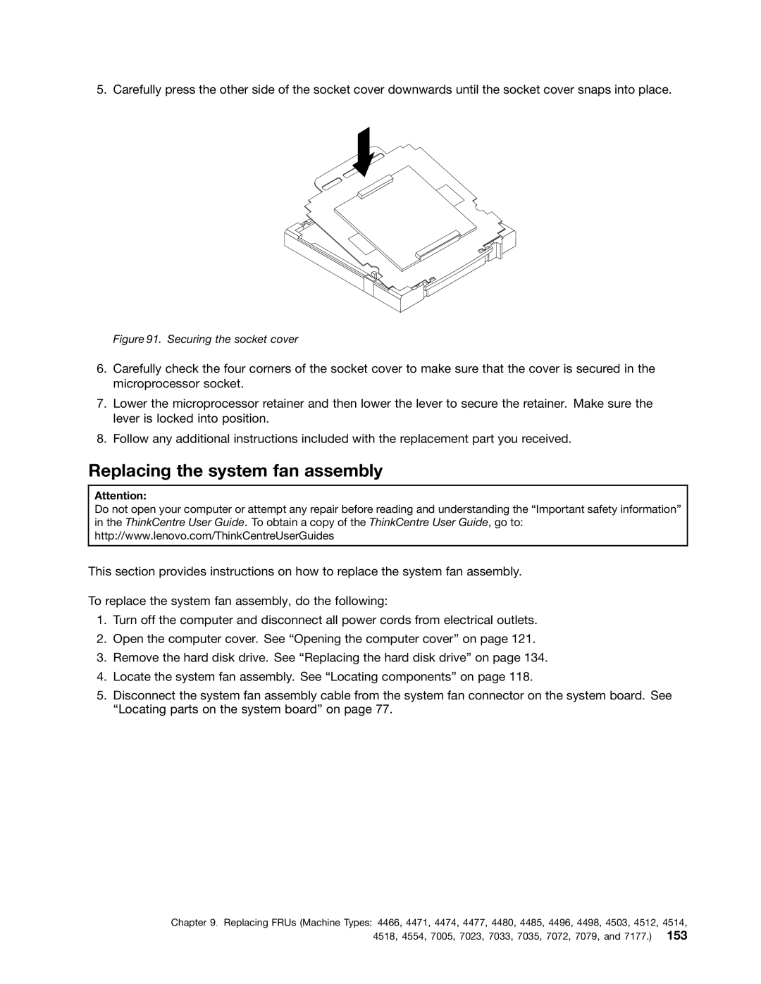 Lenovo 4499, 4471, 4466, 4498, 4480, 4485, 4474, 4496, 4477, 4497 Replacing the system fan assembly, Securing the socket cover 