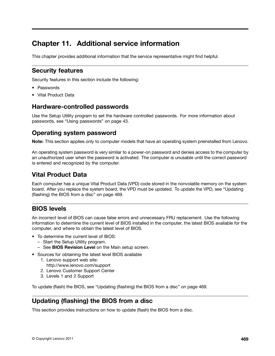 Lenovo 4473 Security features, Hardware-controlled passwords, Operating system password, Vital Product Data, Bios levels 