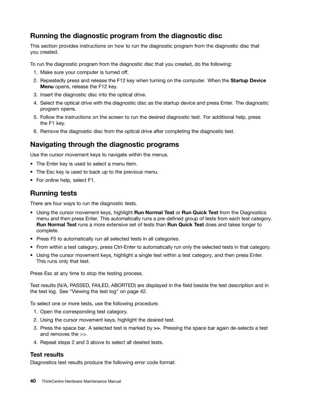 Lenovo 4480, 4471, 4466 Running the diagnostic program from the diagnostic disc, Navigating through the diagnostic programs 