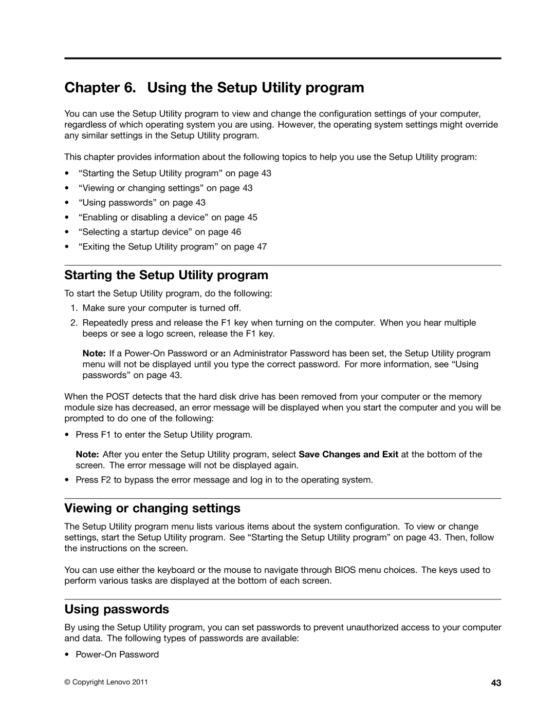 Lenovo 4496, 4471, 4466, 4498, 4480, 4485 Starting the Setup Utility program, Viewing or changing settings, Using passwords 