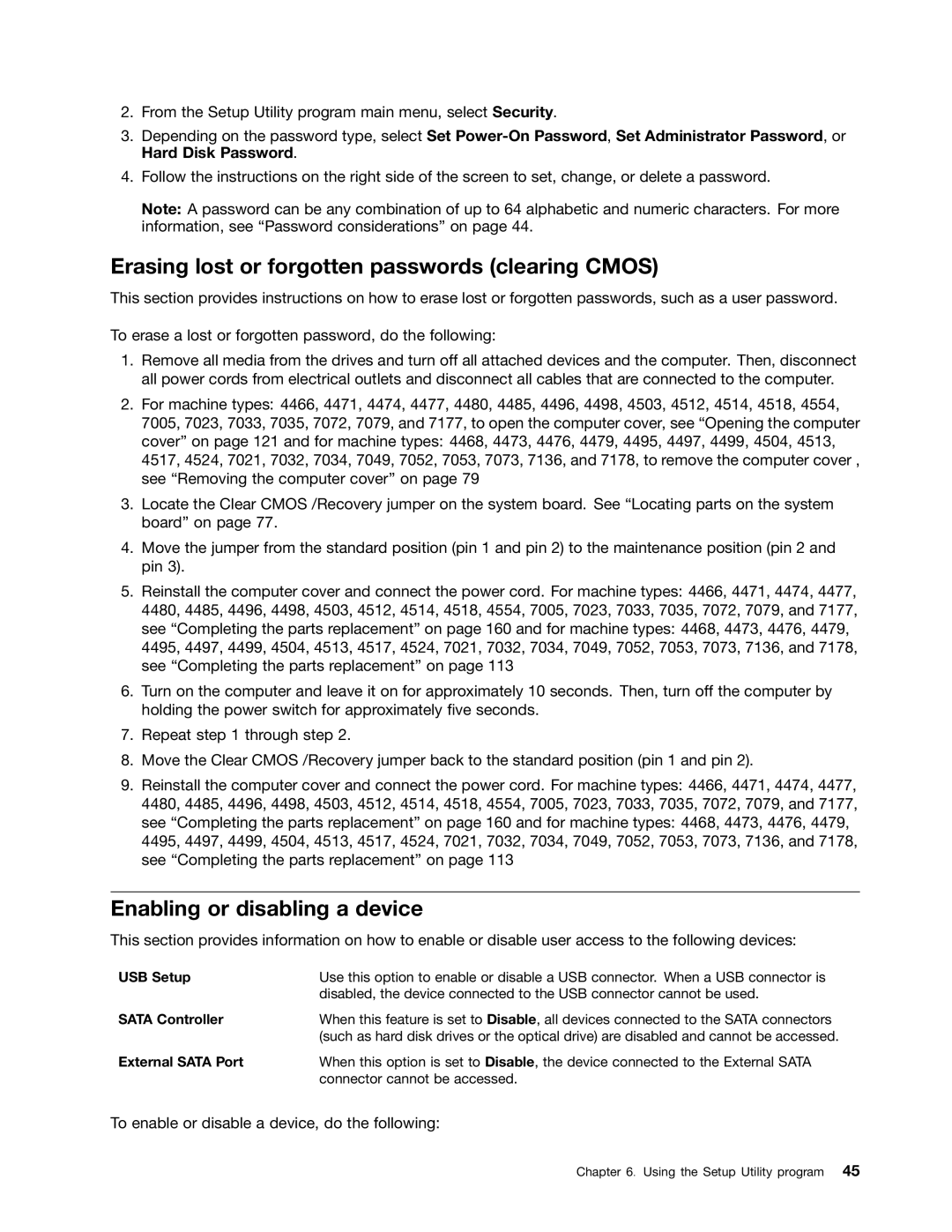 Lenovo 4497 Erasing lost or forgotten passwords clearing Cmos, Enabling or disabling a device, USB Setup, Sata Controller 