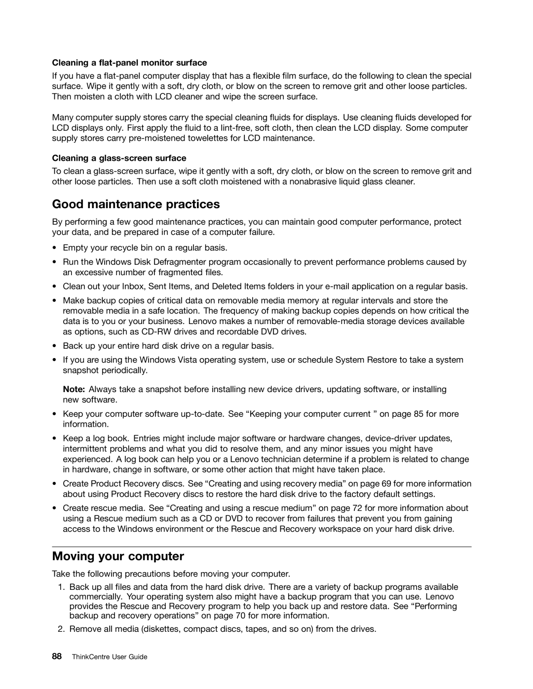 Lenovo 4496, 4471, 4466, 7023, 7005 Good maintenance practices, Moving your computer, Cleaning a flat-panel monitor surface 