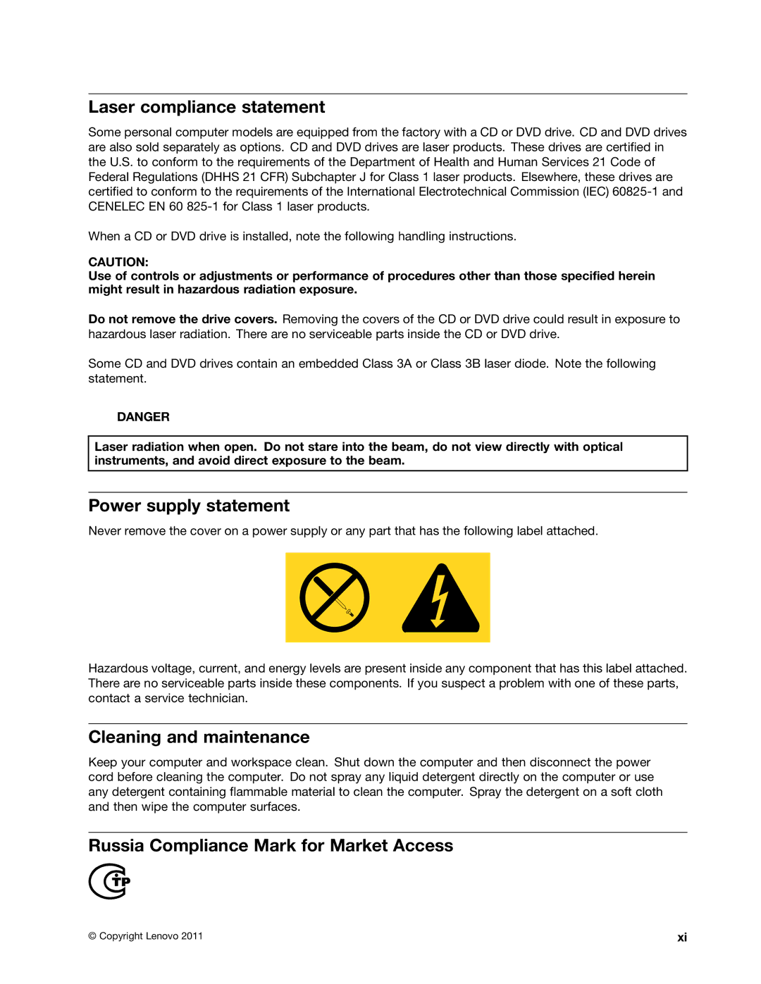 Lenovo 4518, 4471, 4466, 7023, 7005, 4512, 4503 Laser compliance statement, Power supply statement, Cleaning and maintenance 