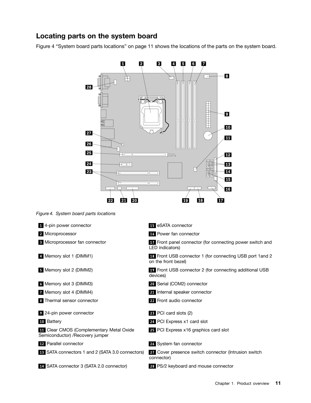 Lenovo 4485, 4471, 4466, 7023, 7005, 4512, 4503, 4514, 4554, 4498 Locating parts on the system board, System board parts locations 