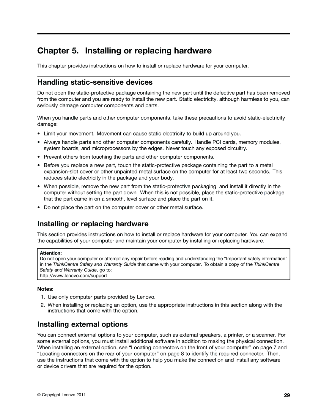 Lenovo 4518, 4471, 4466 Installing or replacing hardware, Handling static-sensitive devices, Installing external options 