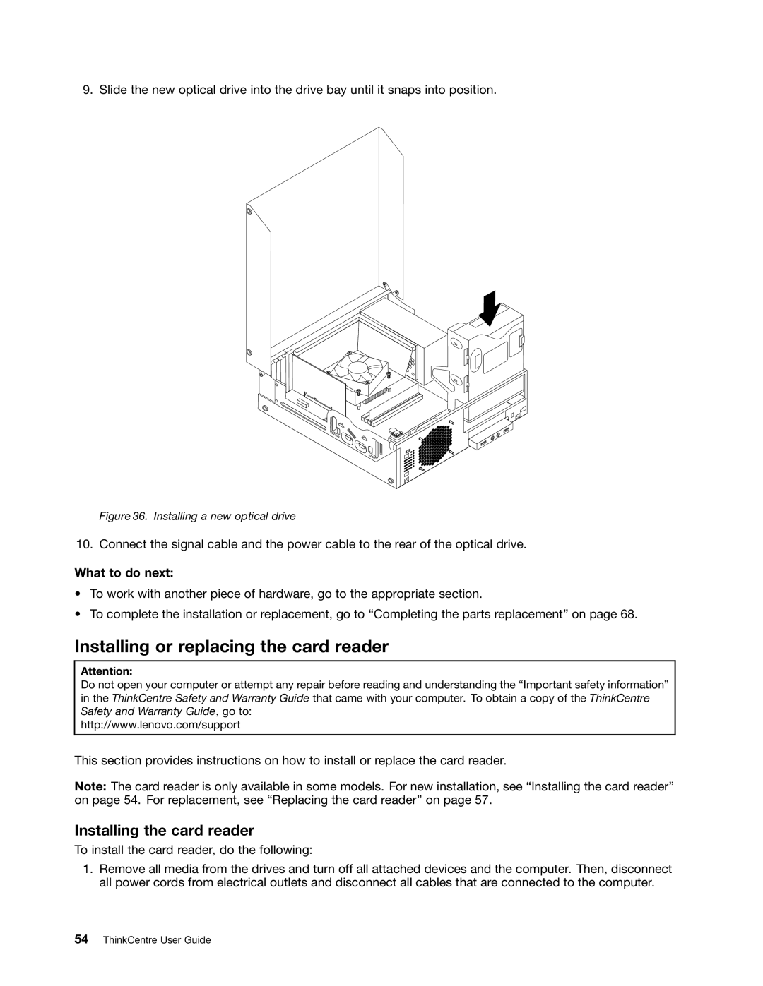 Lenovo 4498, 4471, 4466, 7023, 7005, 4512, 4503, 4514, 4554 Installing or replacing the card reader, Installing the card reader 