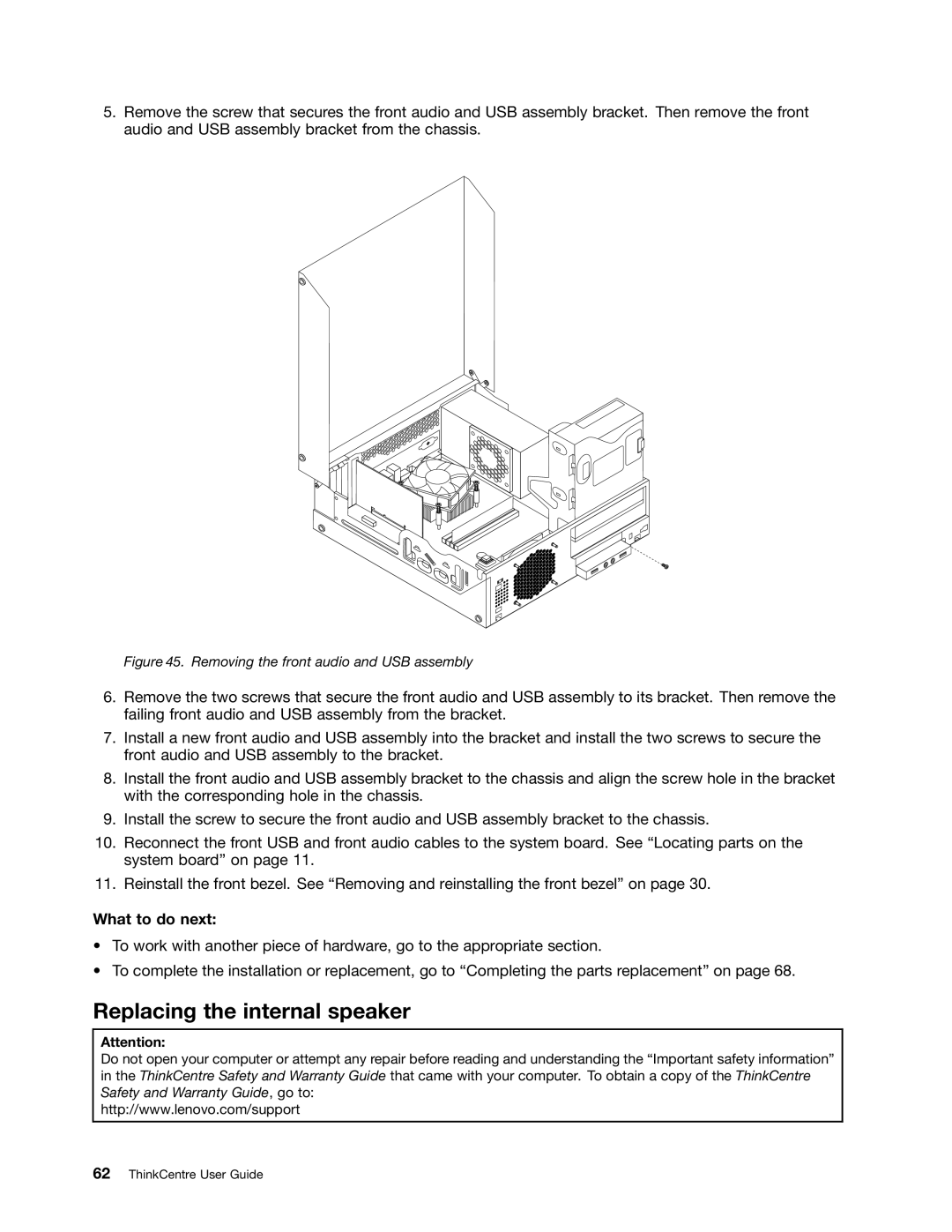 Lenovo 4466, 4471, 7023, 7005, 4512, 4503, 4514, 4554 Replacing the internal speaker, Removing the front audio and USB assembly 