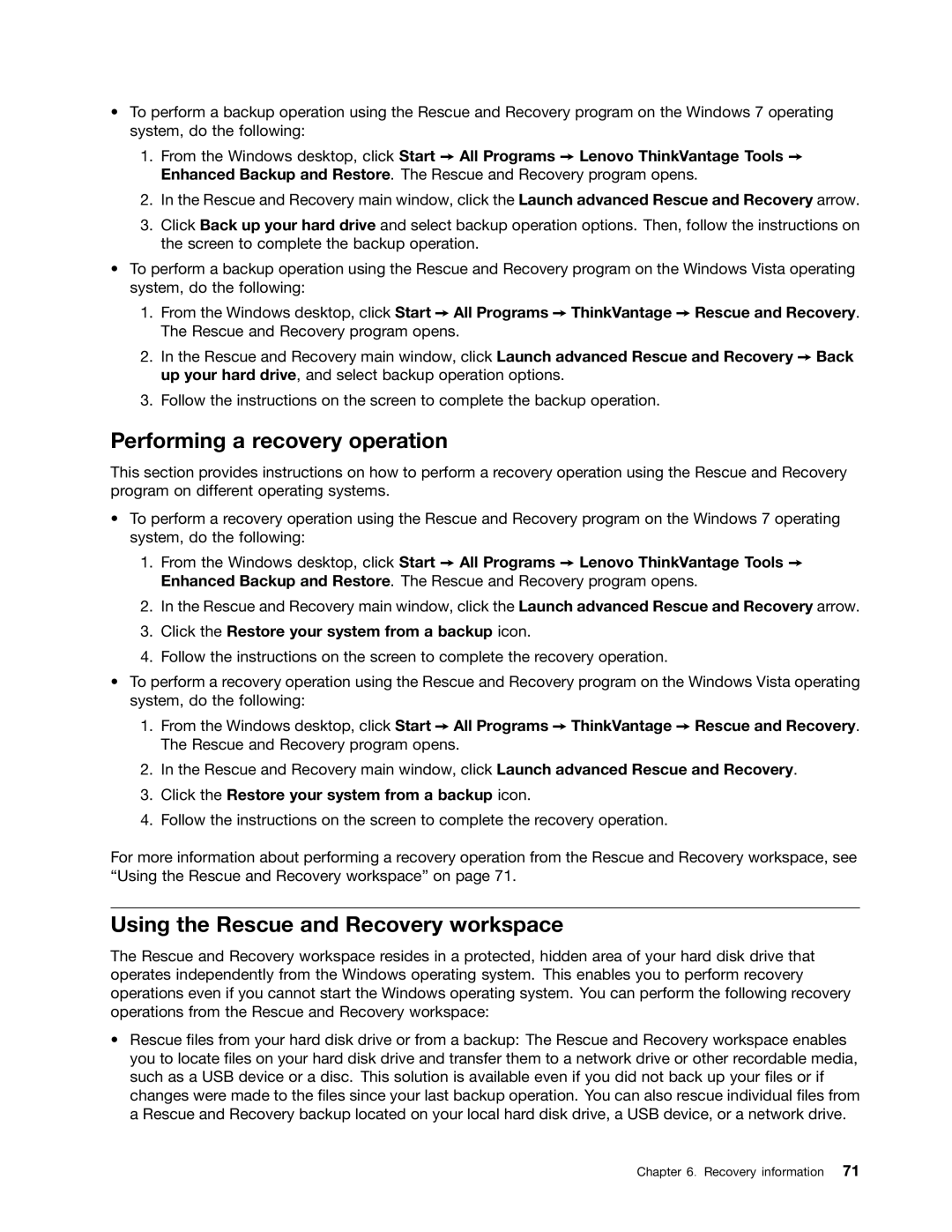 Lenovo 4485, 4471, 4466, 7023, 7005, 4512, 4503, 4514 Performing a recovery operation, Using the Rescue and Recovery workspace 