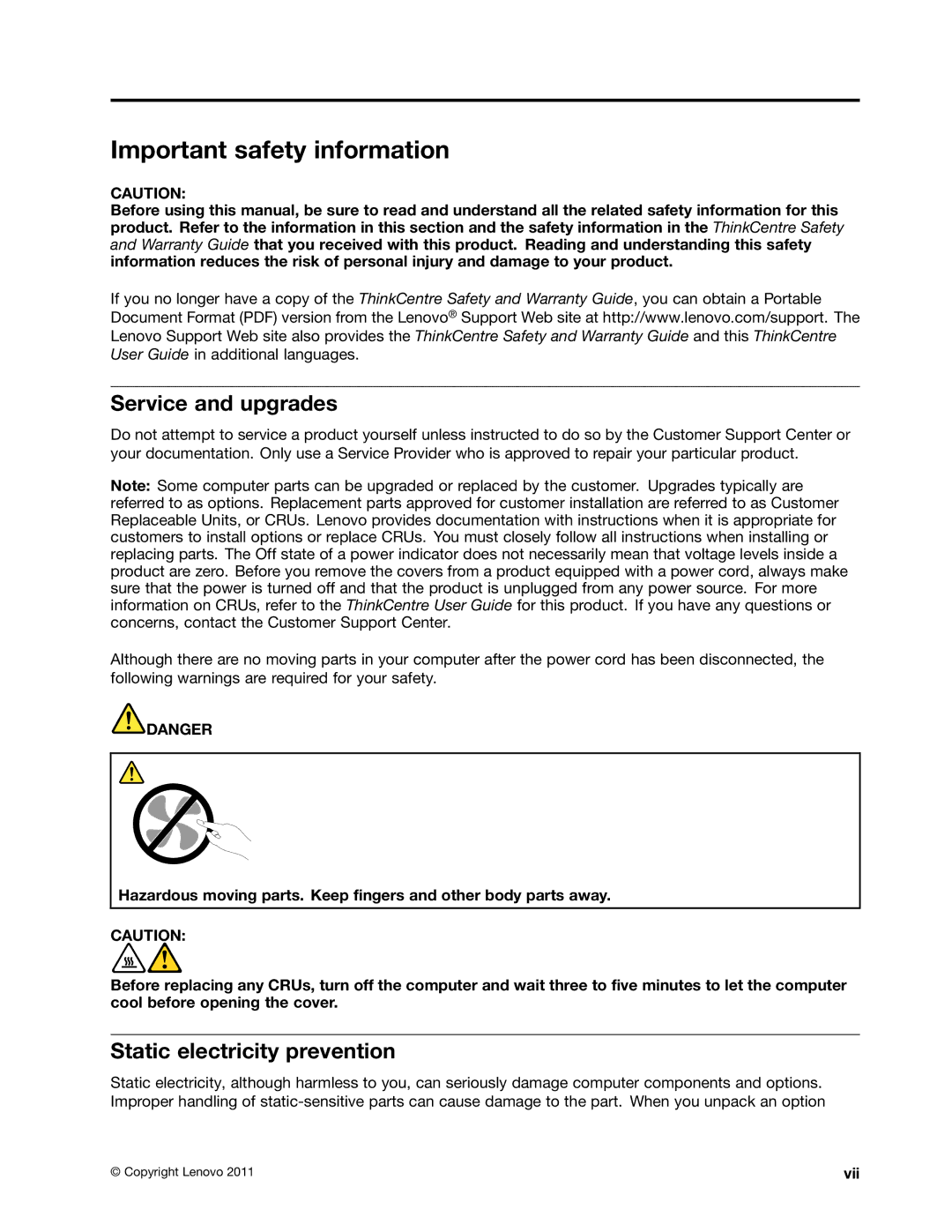 Lenovo 4480, 4471, 4466, 7023, 7005, 4512 Important safety information, Service and upgrades, Static electricity prevention 