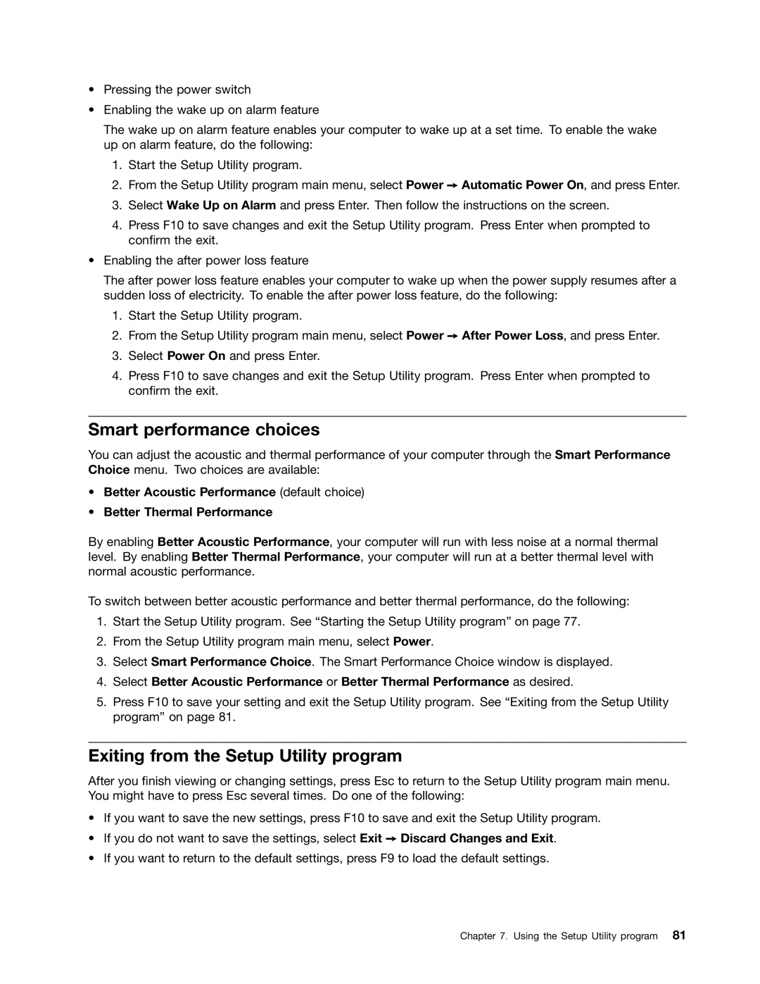 Lenovo 4503, 4471, 4466, 7023, 7005, 4512, 4514, 4554, 4498 Smart performance choices, Exiting from the Setup Utility program 