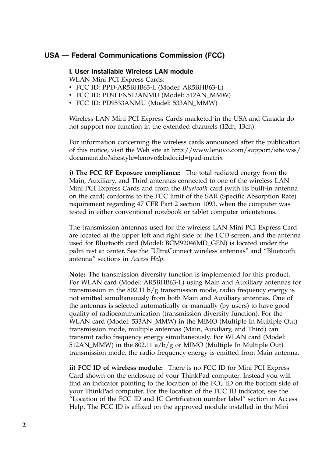 Lenovo 44C9770 manual USA Federal Communications Commission FCC, User installable Wireless LAN module 