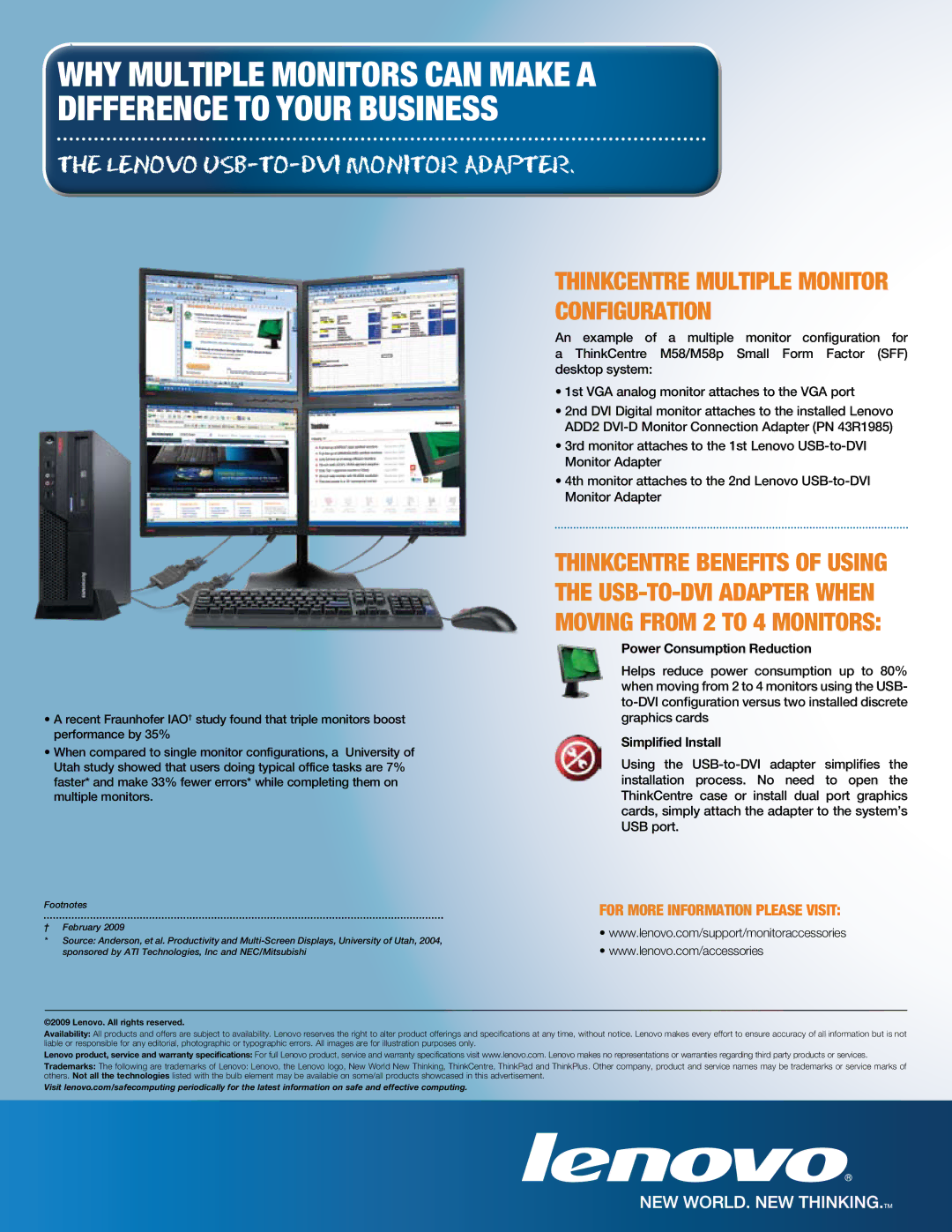 Lenovo 45K5296 Thinkcentre Multiple Monitor Configuration, For more information please visit, Power Consumption Reduction 