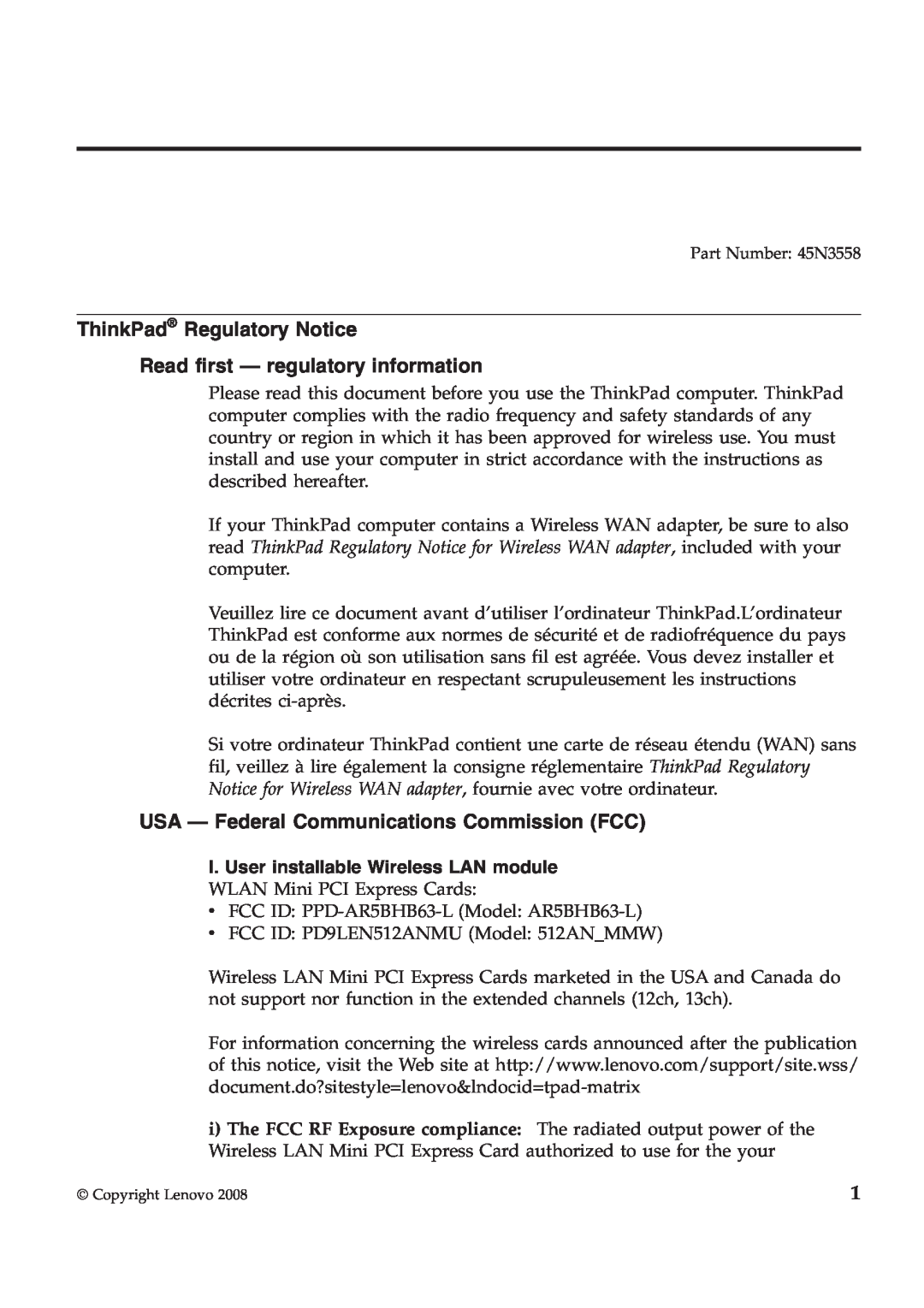 Lenovo 45N3558 manual ThinkPad Regulatory Notice, Read first - regulatory information 