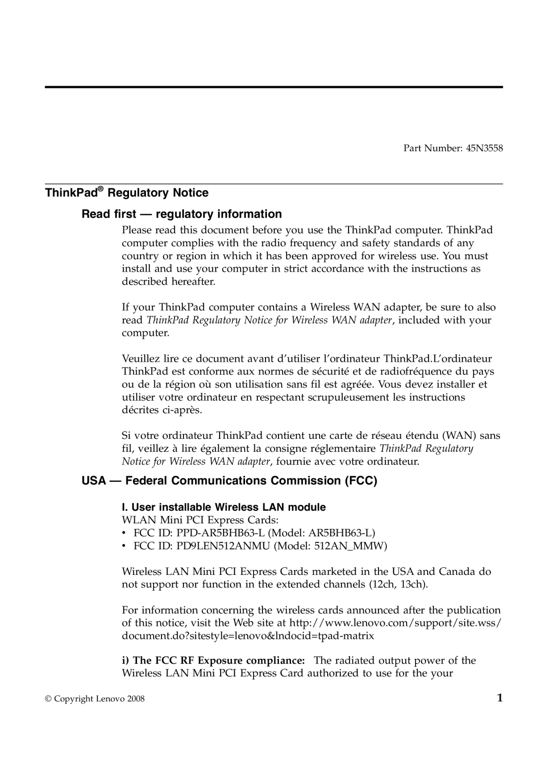 Lenovo 45N3558 manual USA Federal Communications Commission FCC, User installable Wireless LAN module 