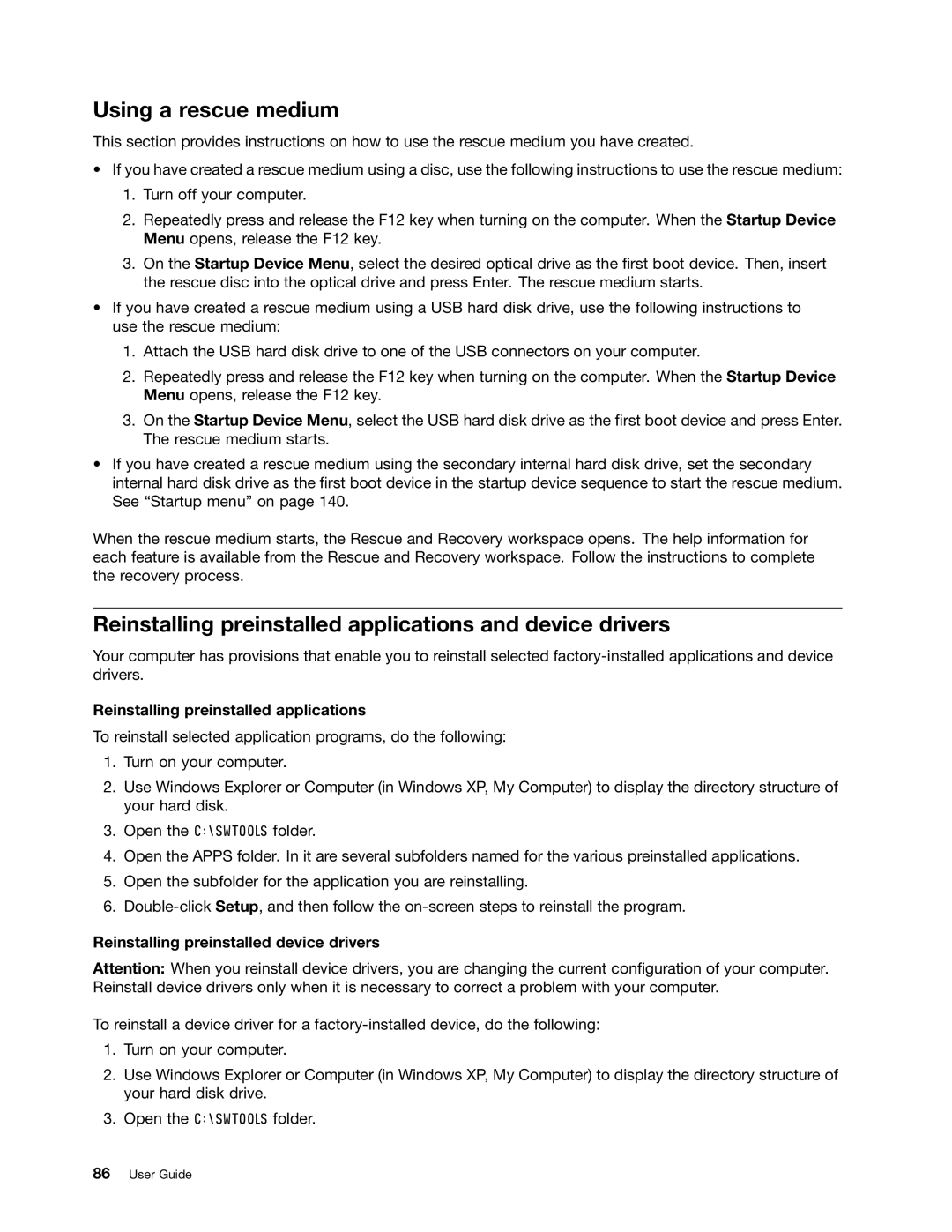 Lenovo 5016W78 manual Using a rescue medium, Reinstalling preinstalled applications and device drivers 