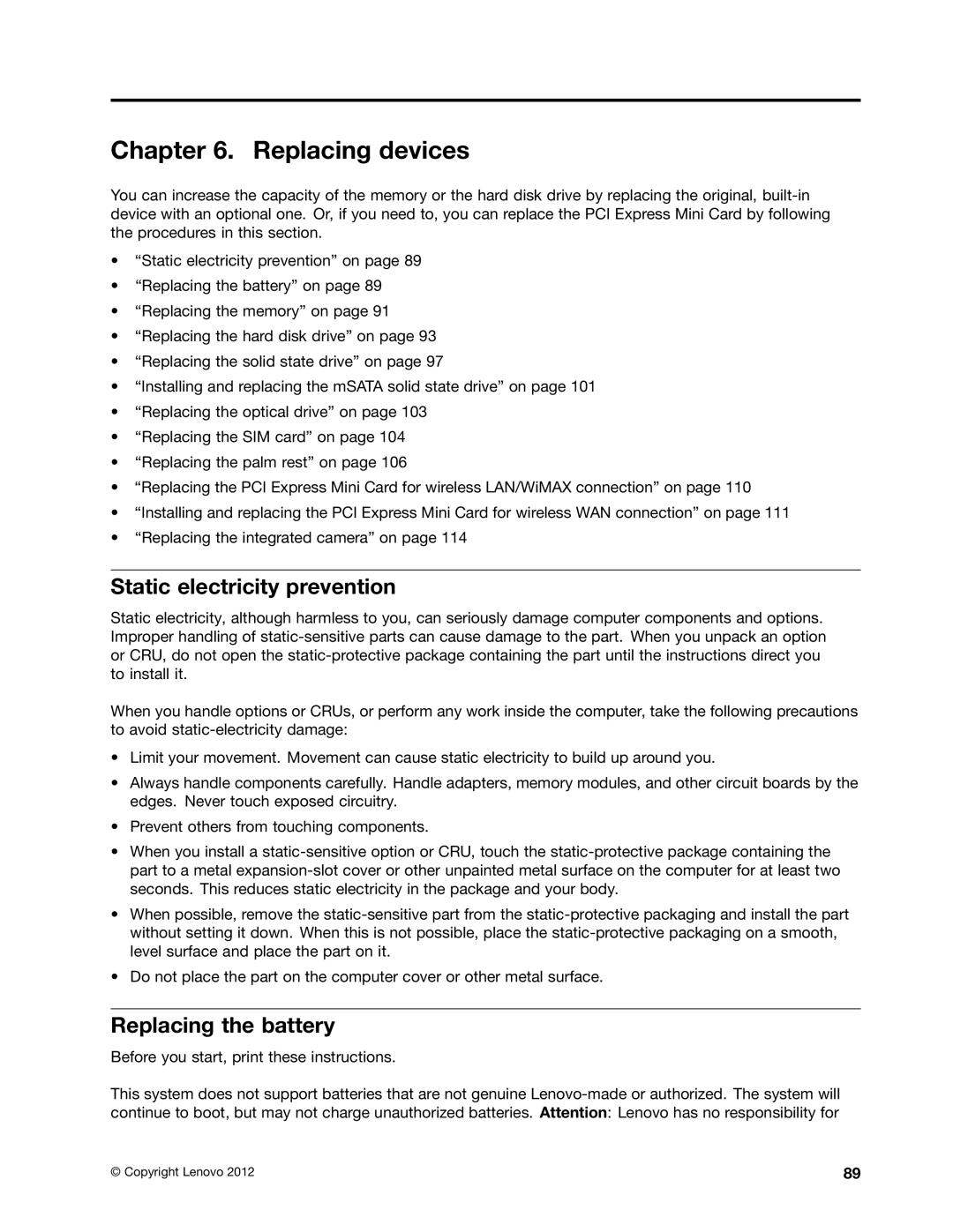 Lenovo 5016W78 manual Replacing devices, Static electricity prevention, Replacing the battery 