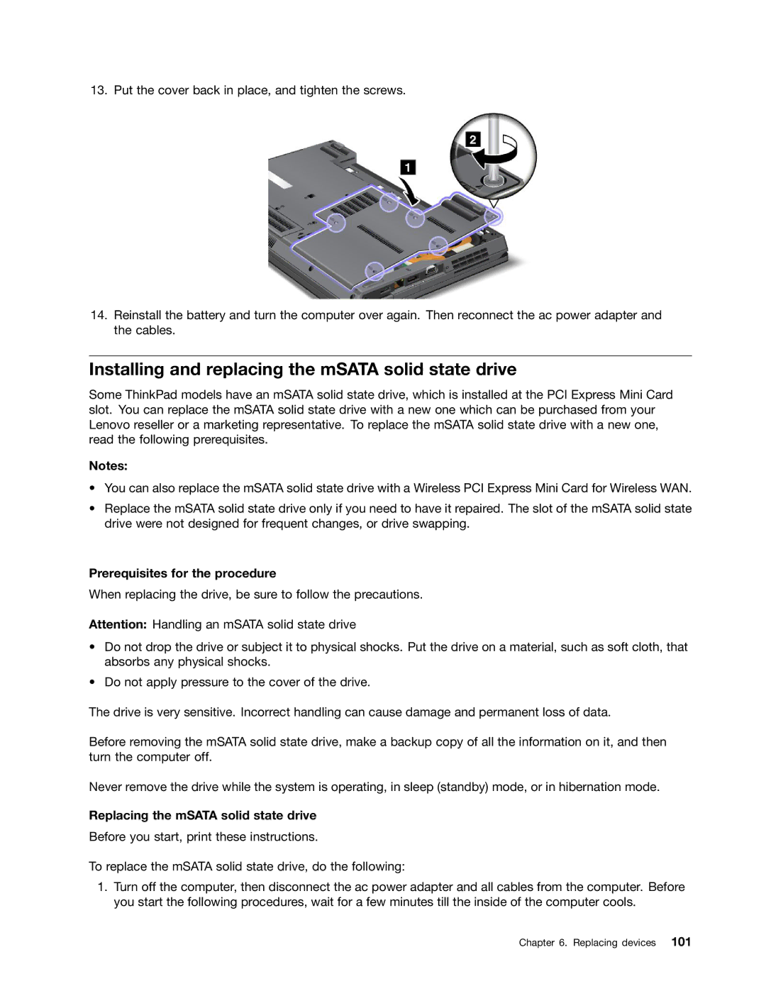 Lenovo 5016W78 manual Installing and replacing the mSATA solid state drive, Replacing the mSATA solid state drive 