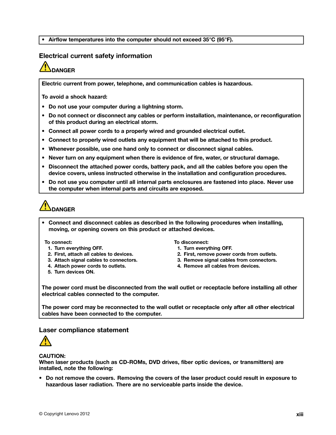 Lenovo 5016W78 manual Electrical current safety information, Laser compliance statement 