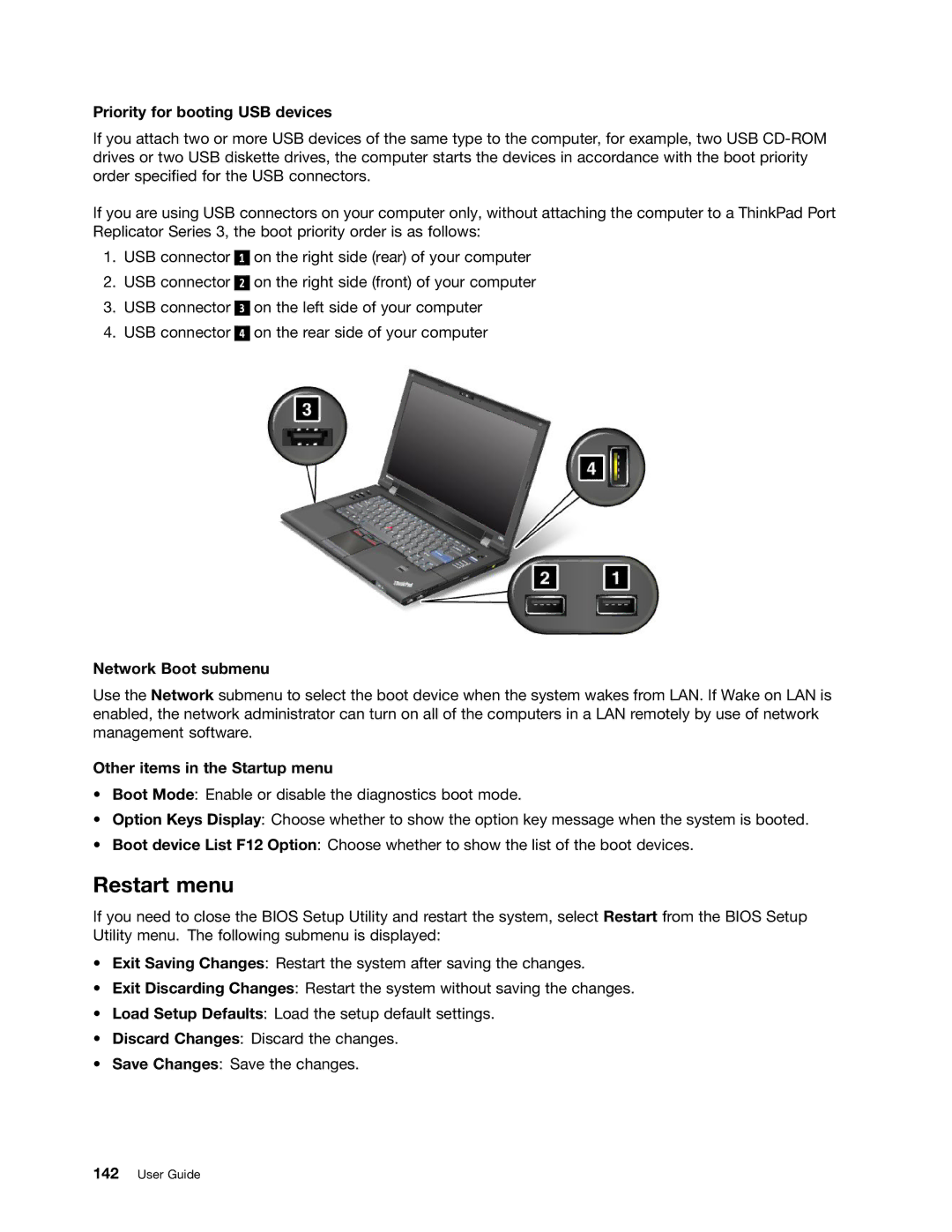 Lenovo 5016W78 manual Restart menu, Priority for booting USB devices, Network Boot submenu, Other items in the Startup menu 