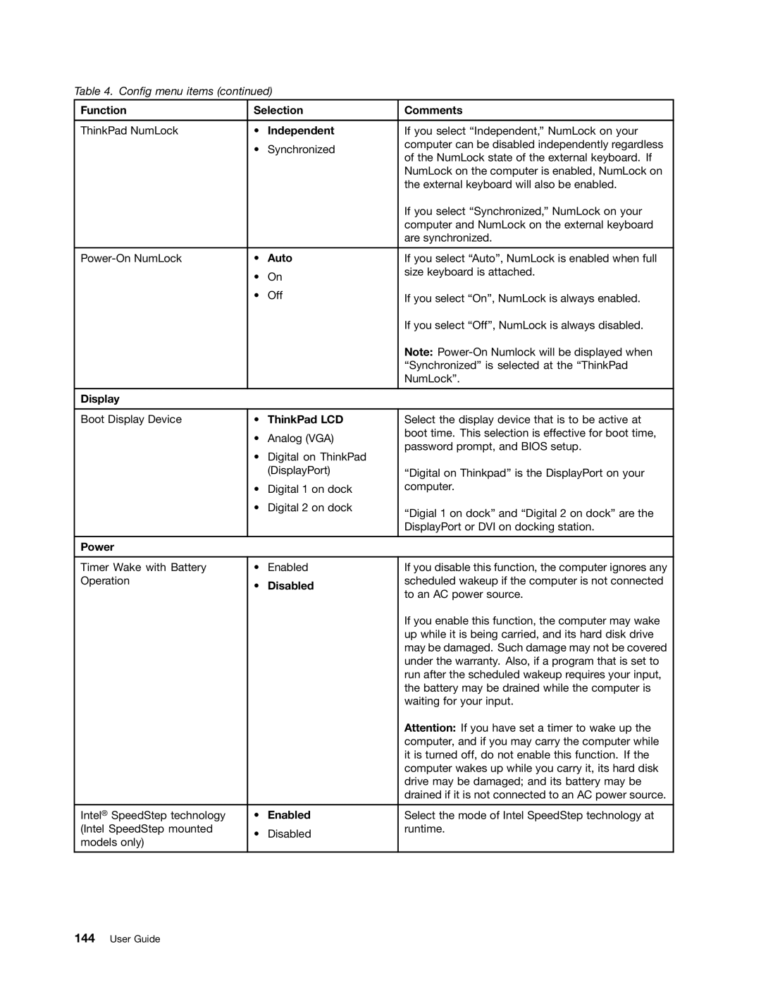 Lenovo 5016W78 manual Function Selection Comments 